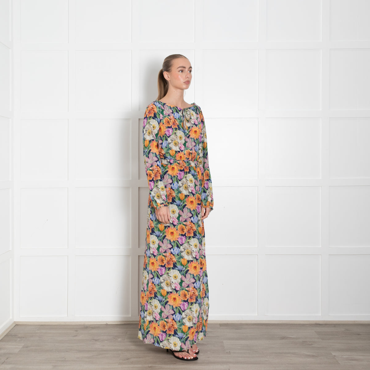 Ridley Blue Orange Pink Multi Flower Print Silk Maxi Dress