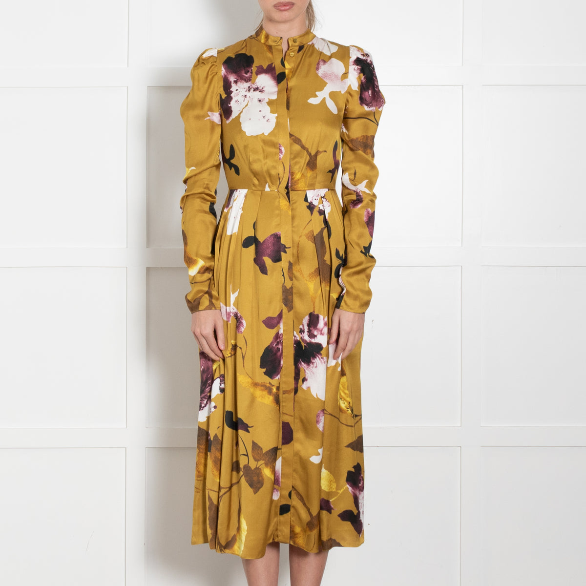 Erdem Long Sleeve Gold Button Front Dress With Flowers