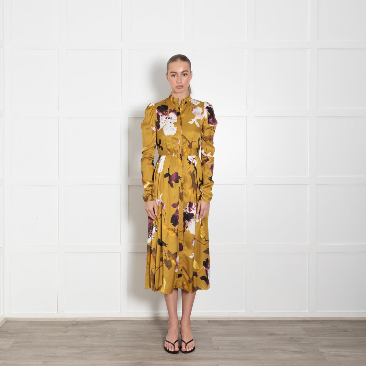 Erdem Long Sleeve Gold Button Front Dress With Flowers