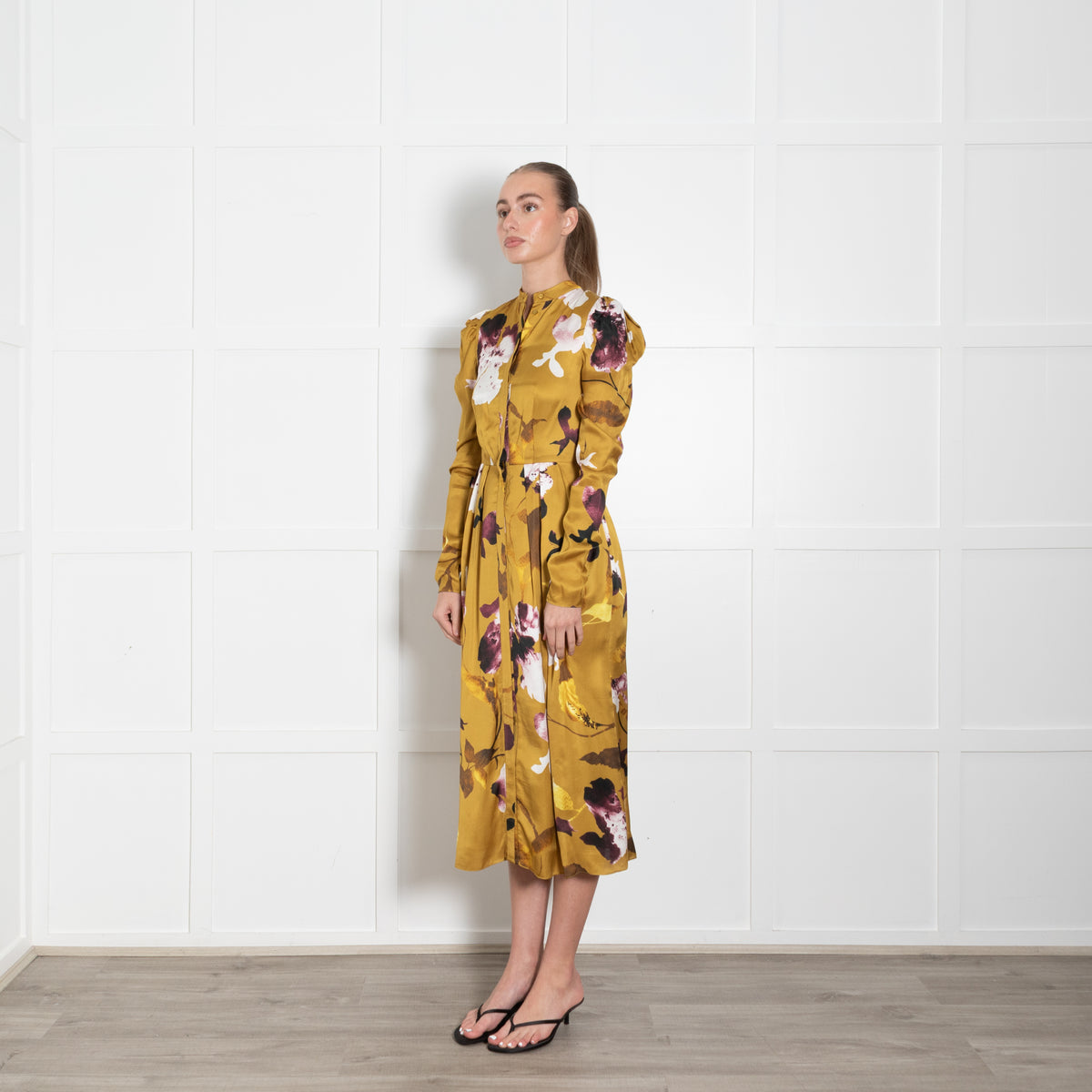 Erdem Long Sleeve Gold Button Front Dress With Flowers