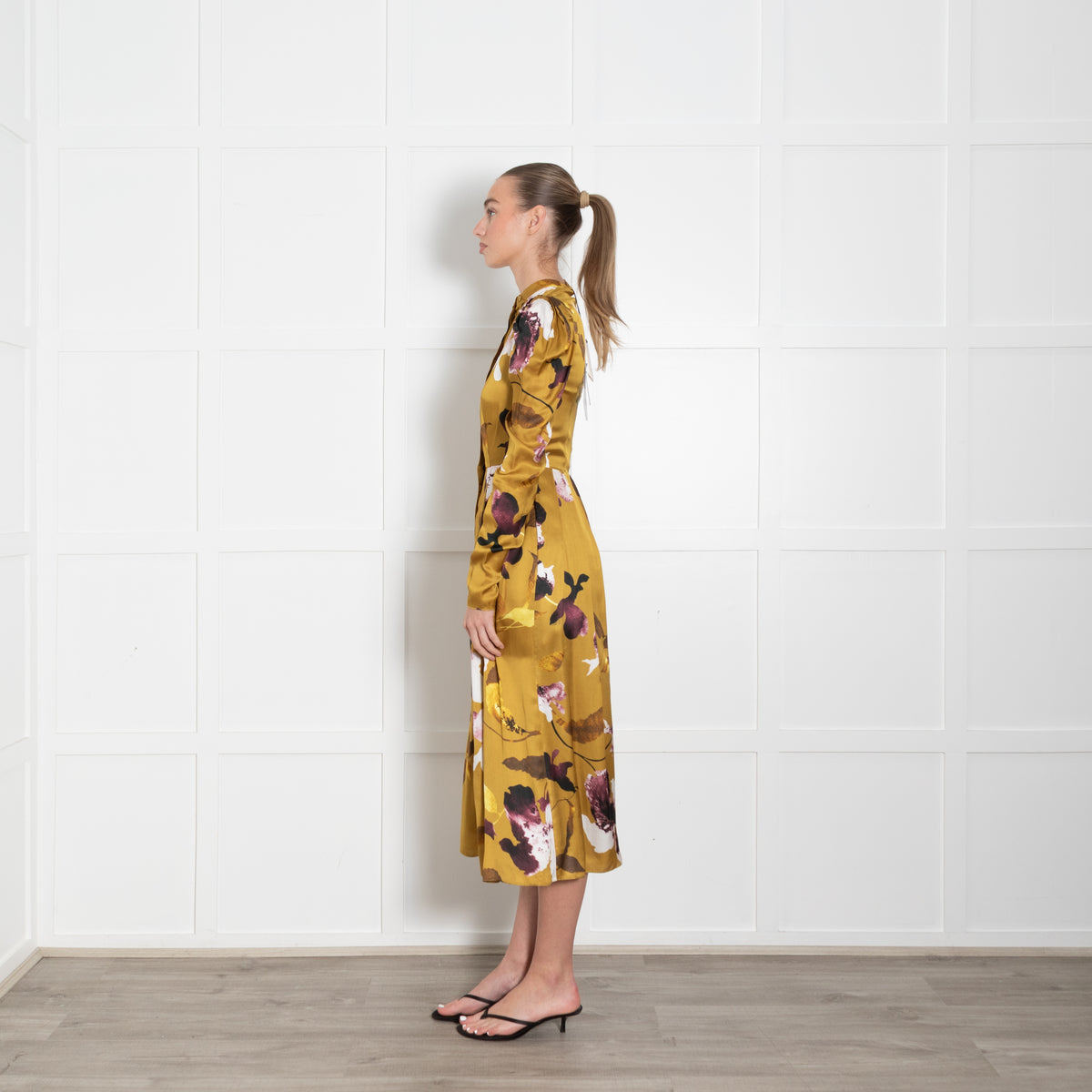 Erdem Long Sleeve Gold Button Front Dress With Flowers