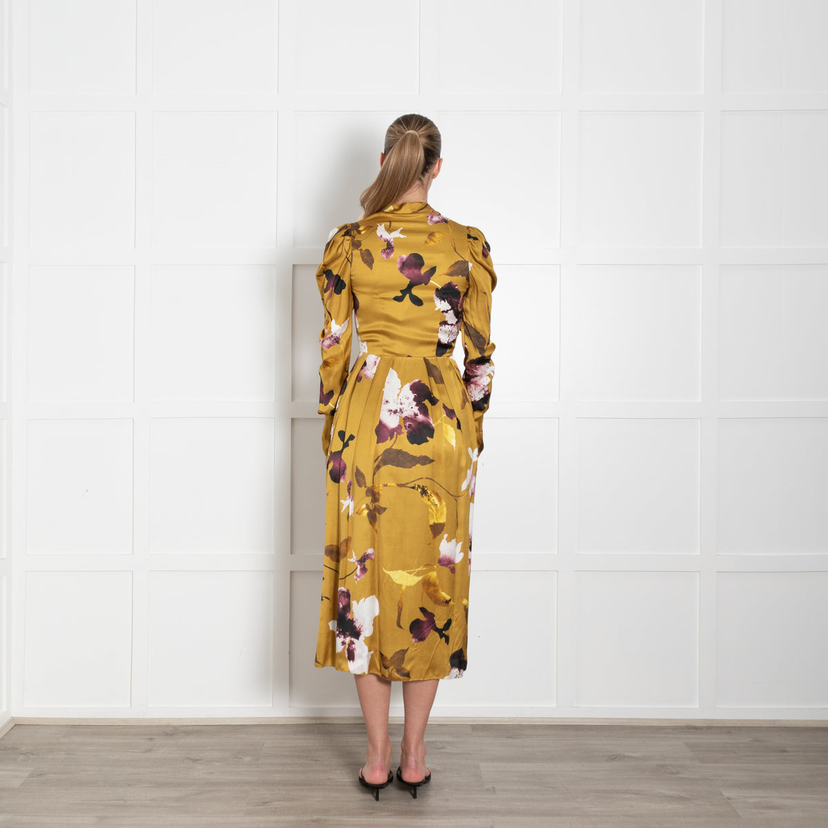 Erdem Long Sleeve Gold Button Front Dress With Flowers