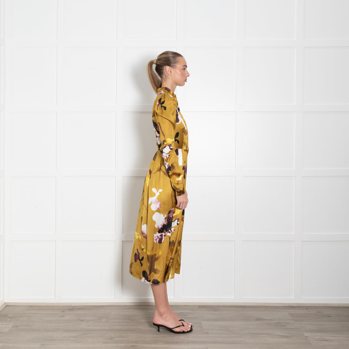 Erdem Long Sleeve Gold Button Front Dress With Flowers