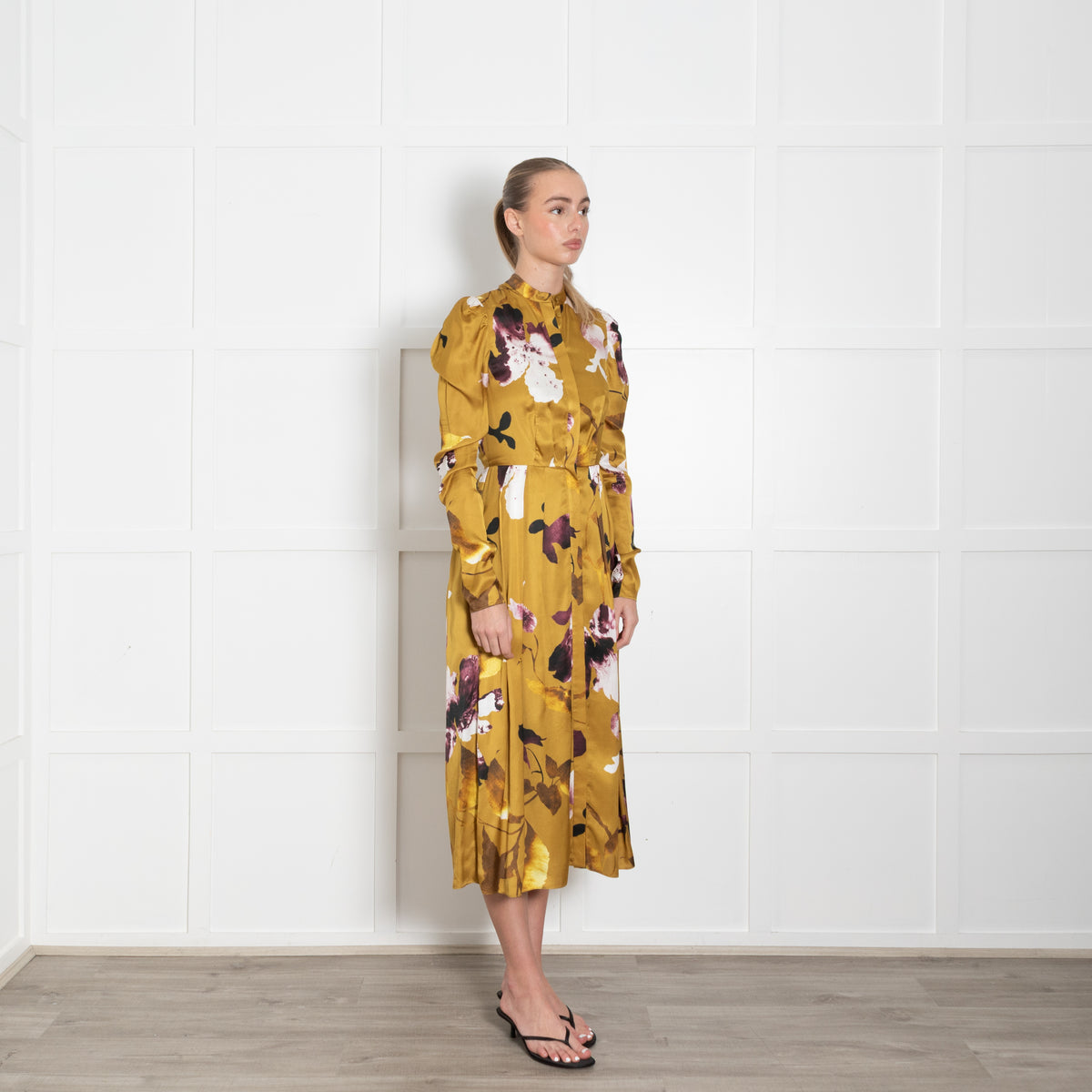 Erdem Long Sleeve Gold Button Front Dress With Flowers