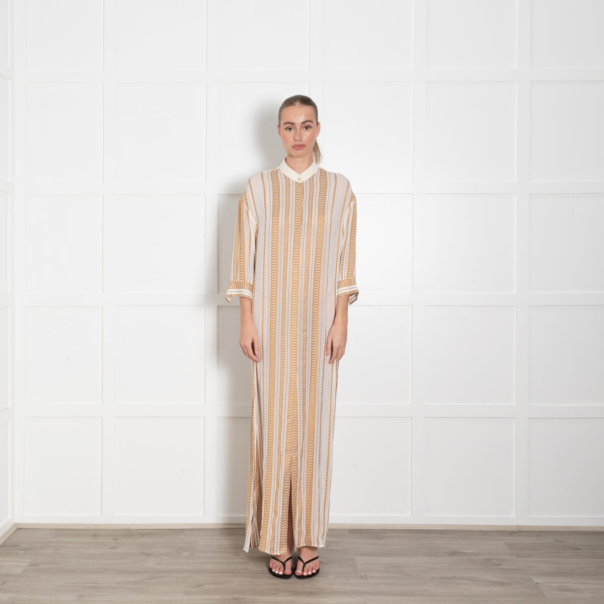 Zeus + Dione Silk Mix Ivory & Bronze Pattern Long Dress
