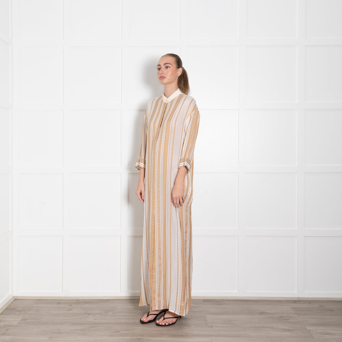 Zeus + Dione Silk Mix Ivory & Bronze Pattern Long Dress
