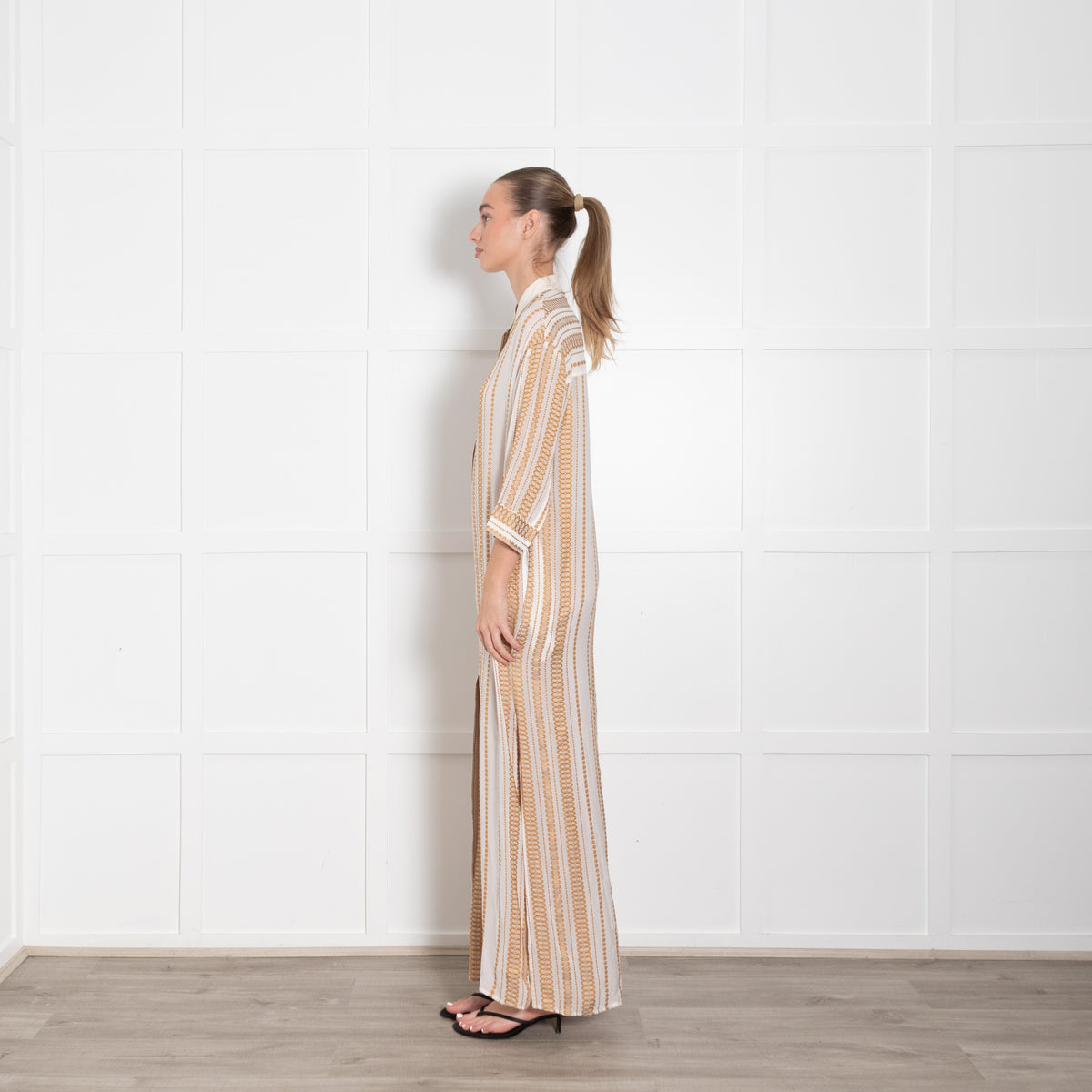 Zeus + Dione Silk Mix Ivory & Bronze Pattern Long Dress