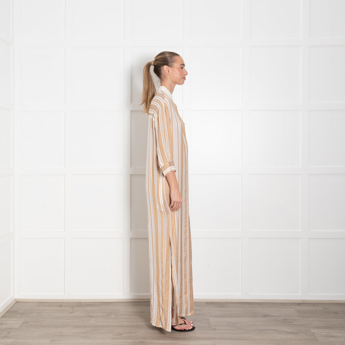 Zeus + Dione Silk Mix Ivory & Bronze Pattern Long Dress