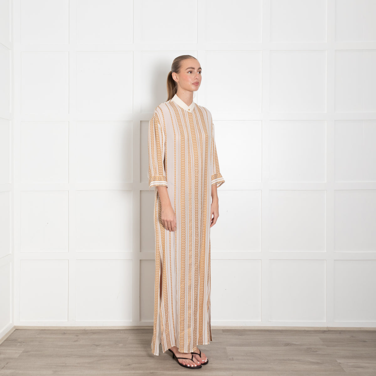 Zeus + Dione Silk Mix Ivory & Bronze Pattern Long Dress