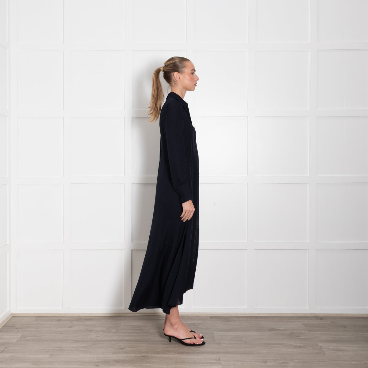 Me + Em Navy Blue Long Sleeve Button Up Maxi Dress