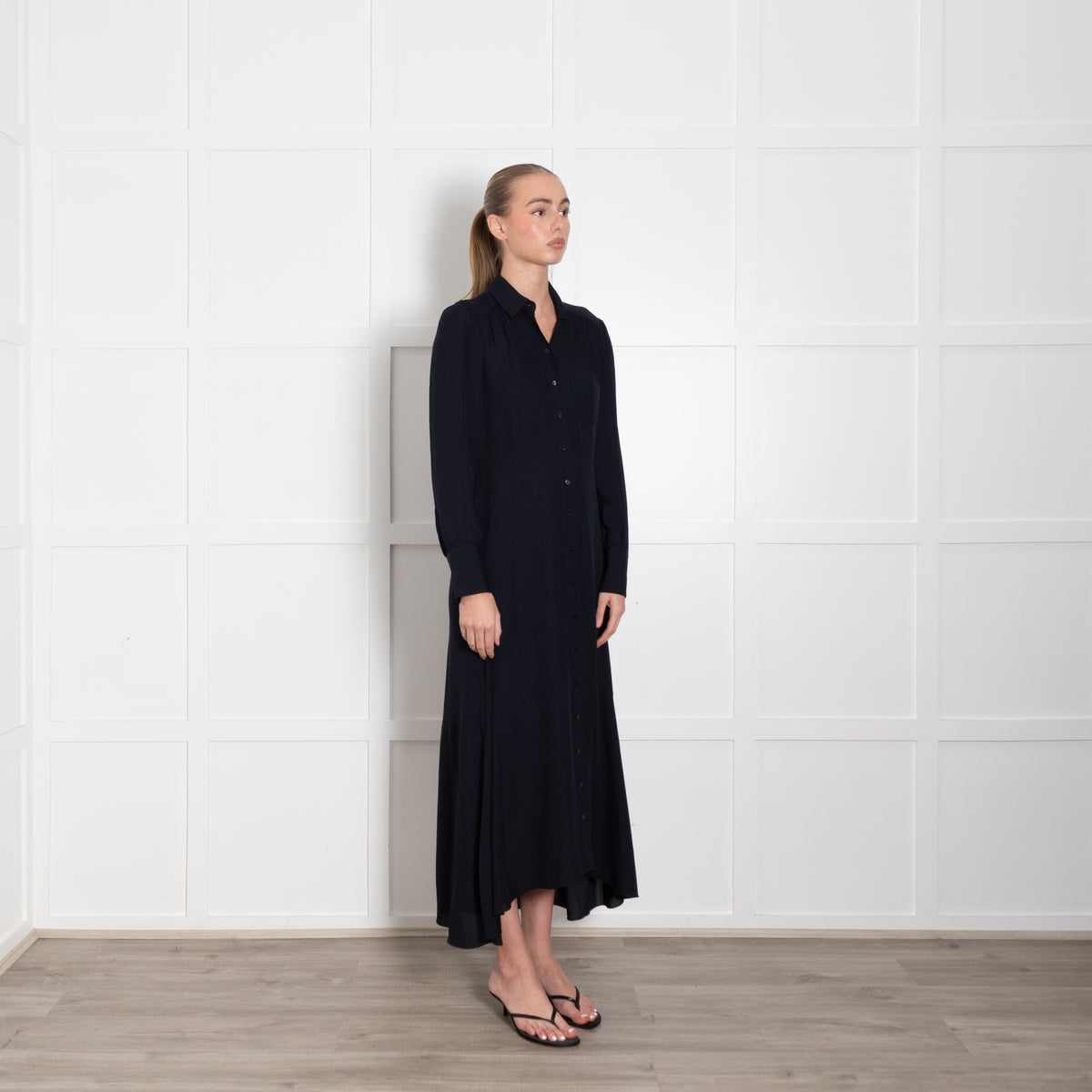 Me + Em Navy Blue Long Sleeve Button Up Maxi Dress