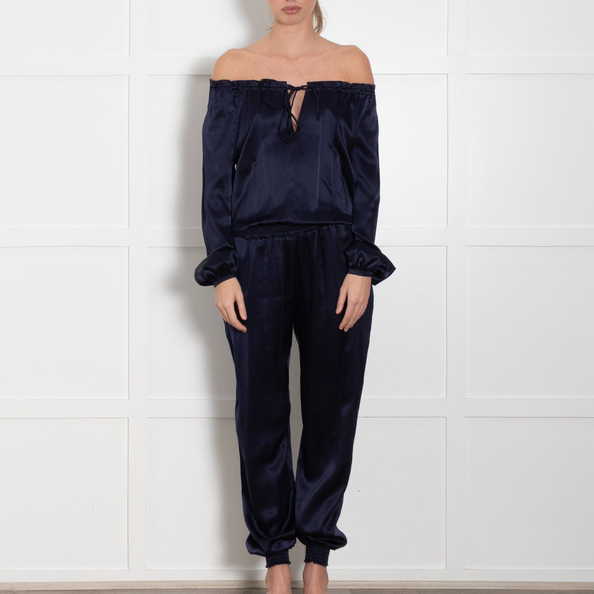 Ridley Navy Silk Satin Long Sleeve Jumpsuit