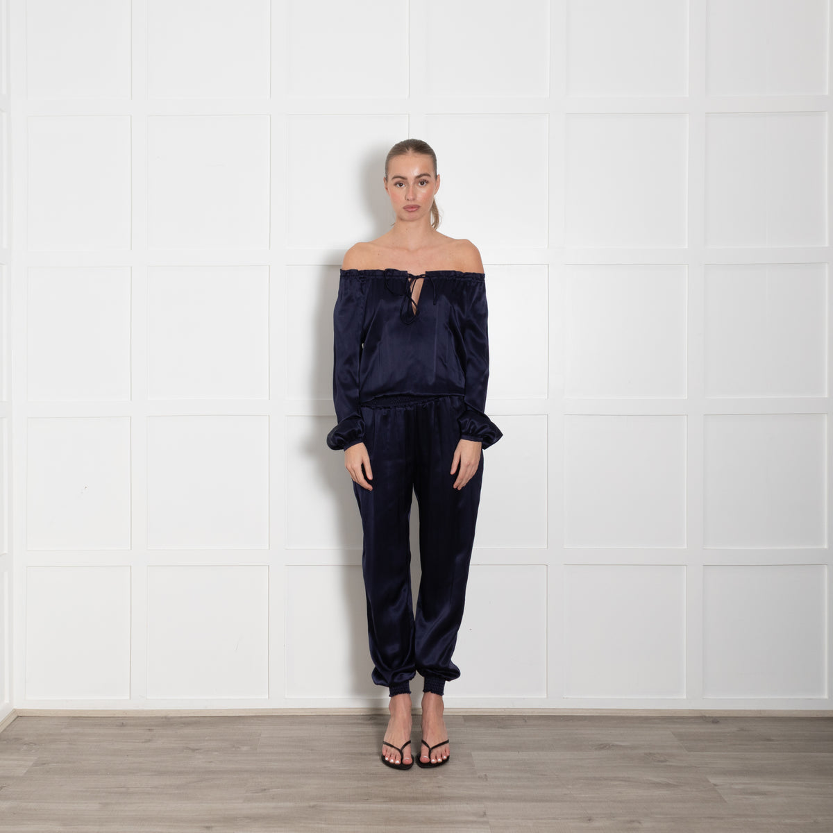Ridley Navy Silk Satin Long Sleeve Jumpsuit
