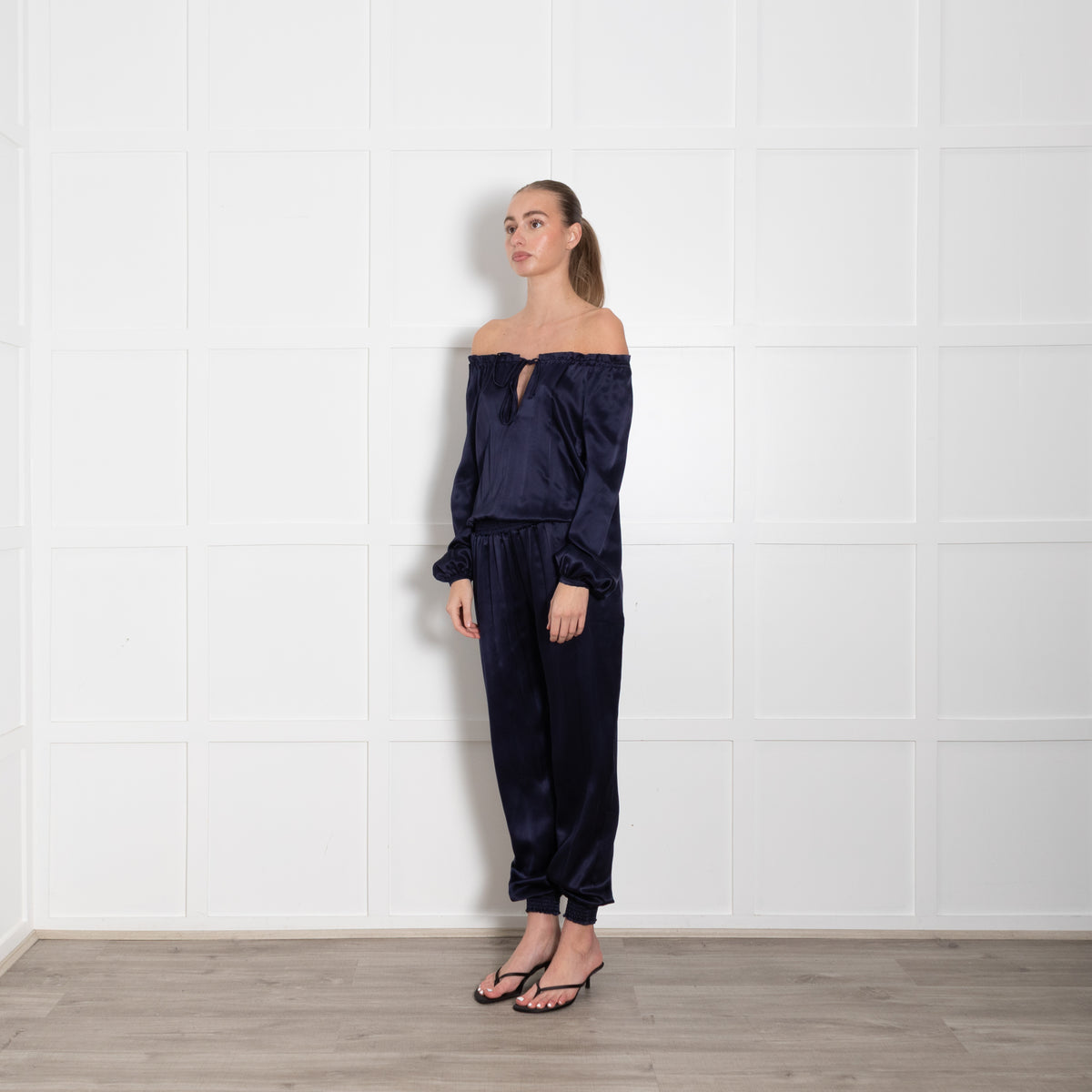 Ridley Navy Silk Satin Long Sleeve Jumpsuit