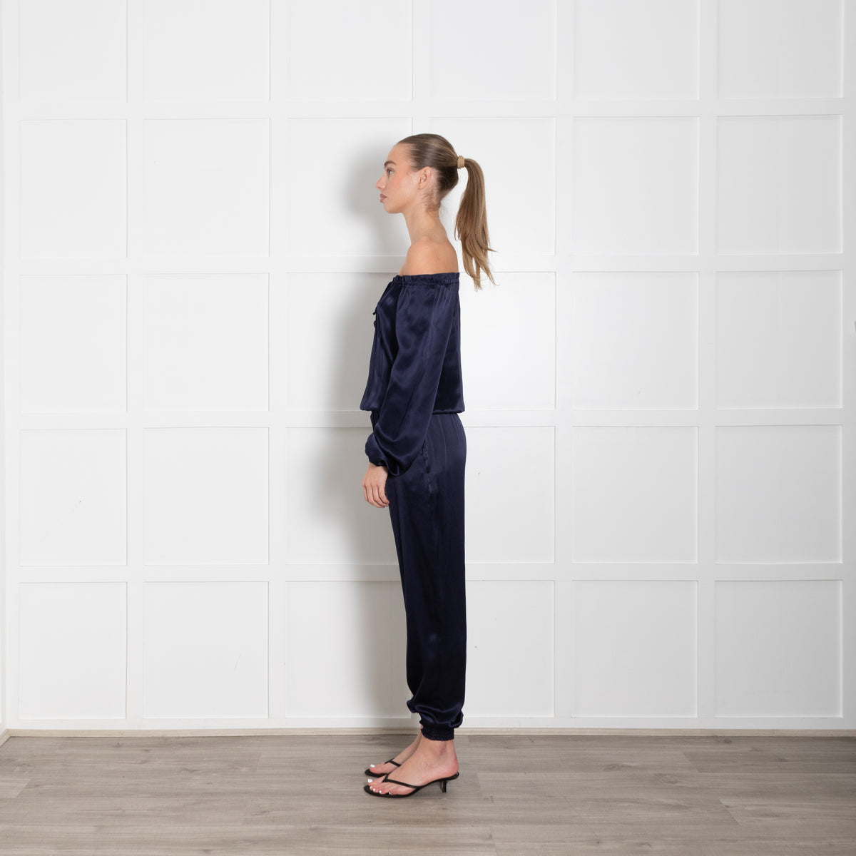 Ridley Navy Silk Satin Long Sleeve Jumpsuit