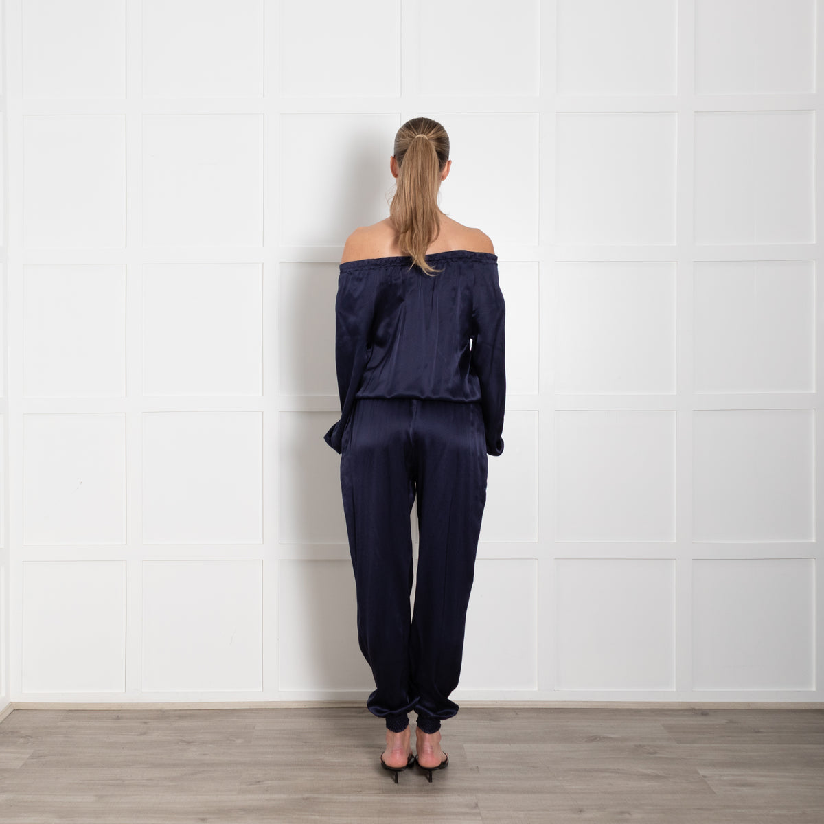 Ridley Navy Silk Satin Long Sleeve Jumpsuit