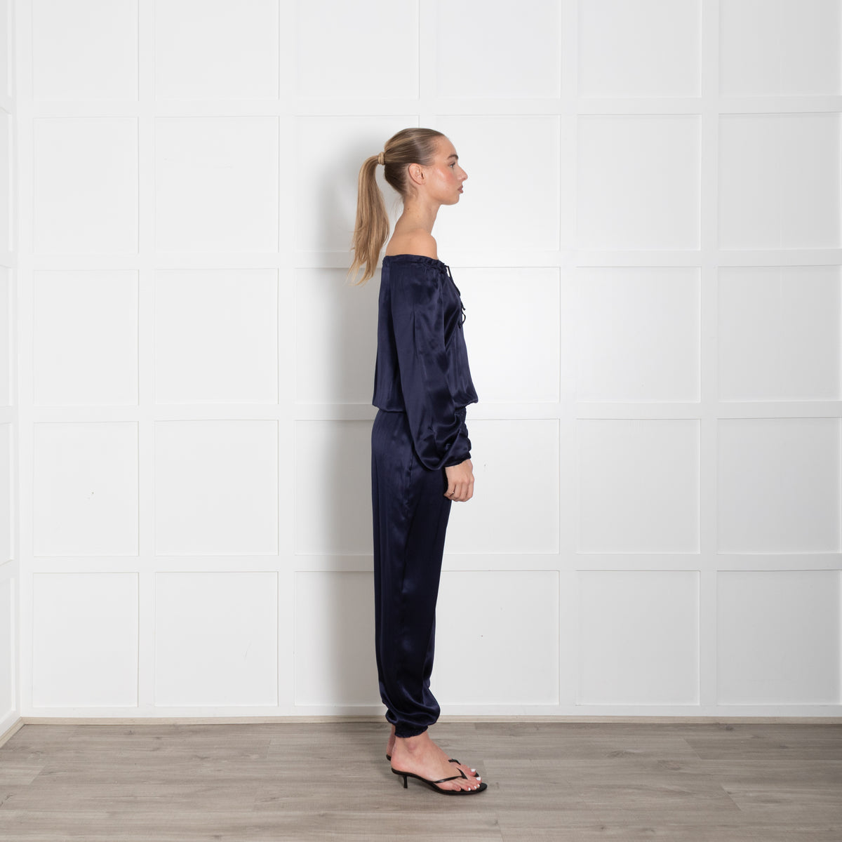 Ridley Navy Silk Satin Long Sleeve Jumpsuit