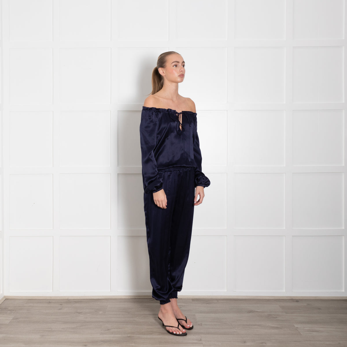 Ridley Navy Silk Satin Long Sleeve Jumpsuit