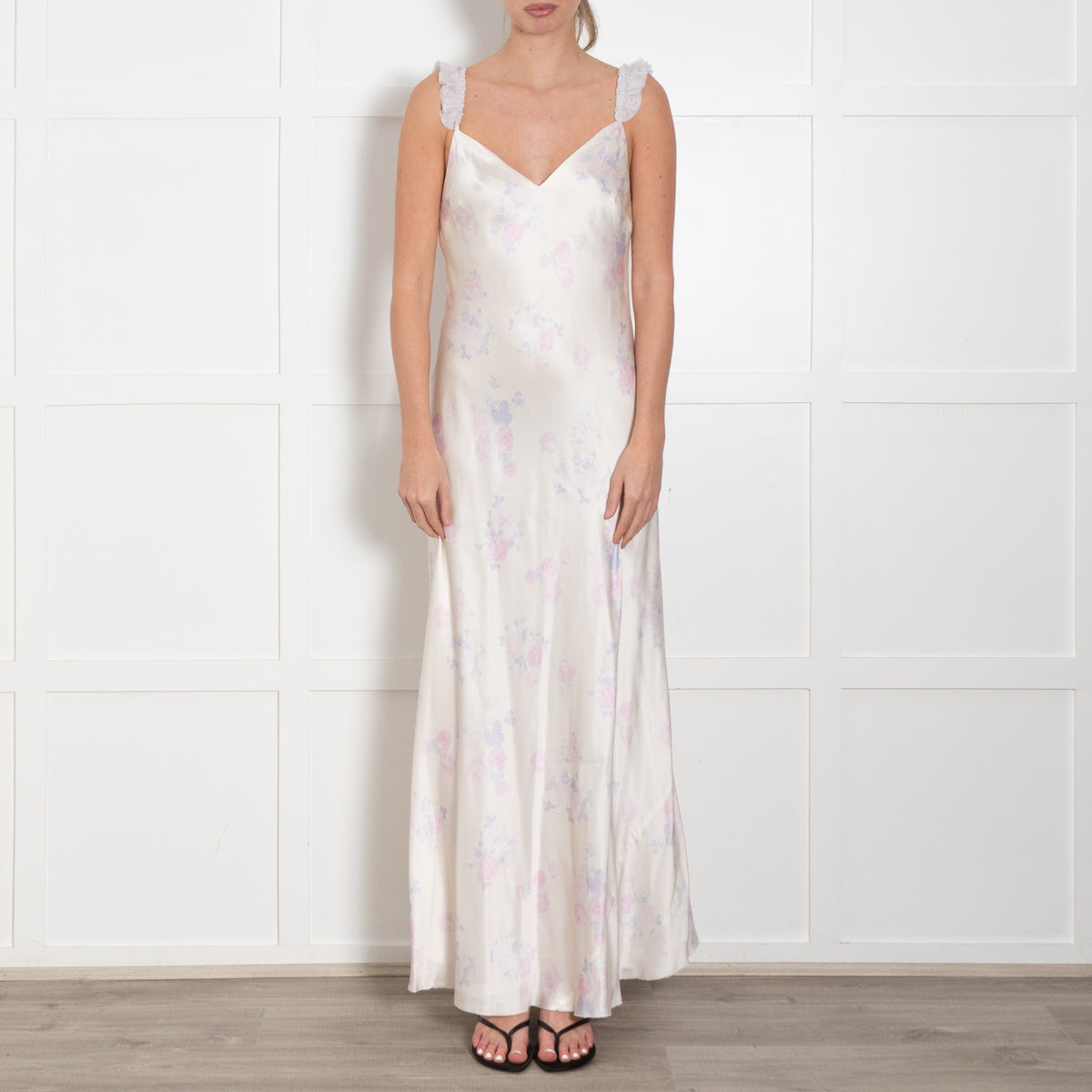 LoveShackFancy Cream Lilac Floral Frill Trim Sleeveless Slip Maxi Dress