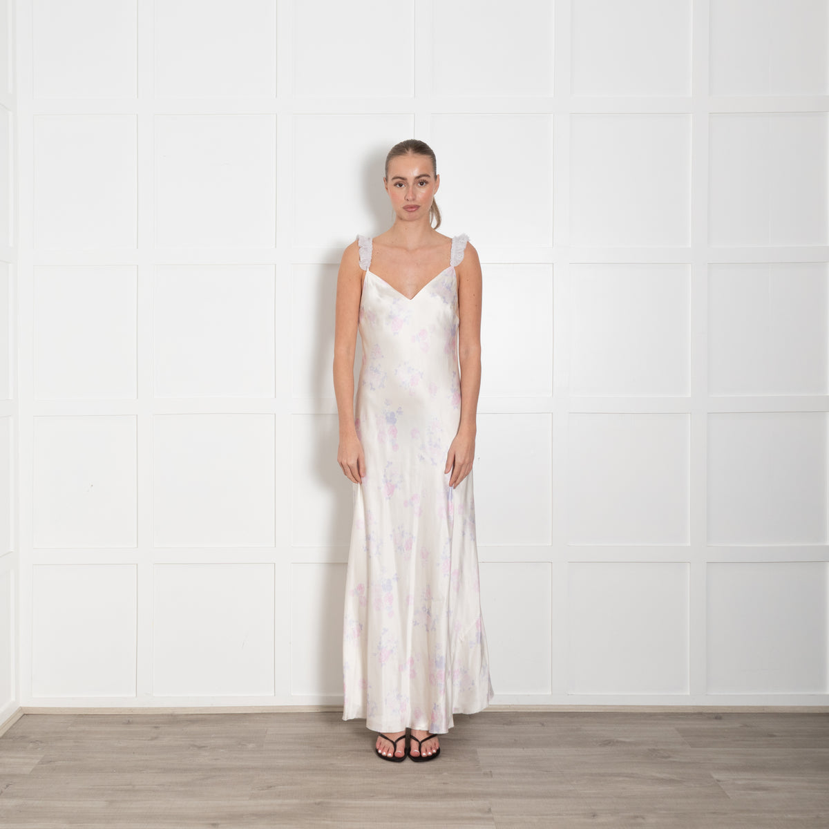 LoveShackFancy Cream Lilac Floral Frill Trim Sleeveless Slip Maxi Dress