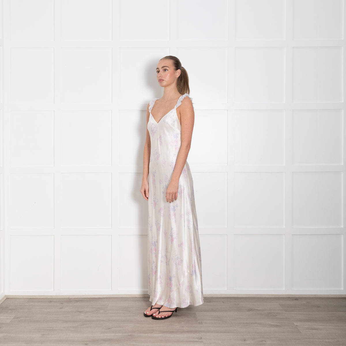LoveShackFancy Cream Lilac Floral Frill Trim Sleeveless Slip Maxi Dress