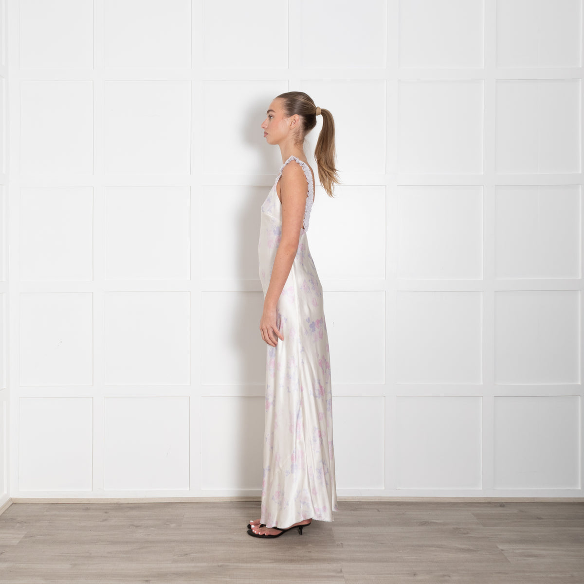 LoveShackFancy Cream Lilac Floral Frill Trim Sleeveless Slip Maxi Dress