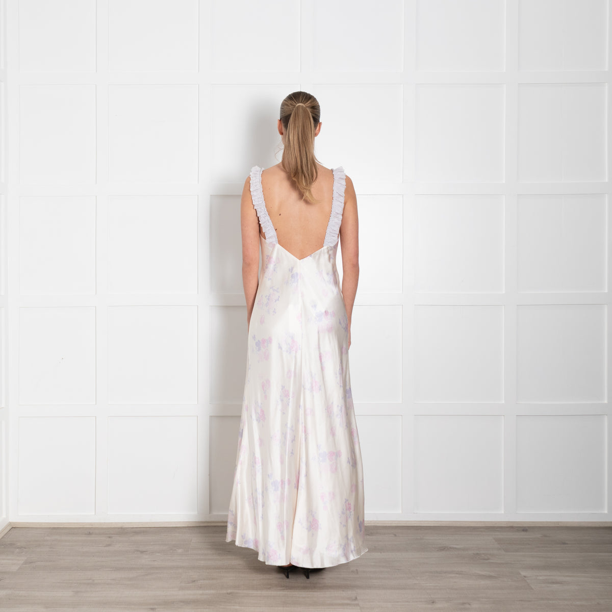LoveShackFancy Cream Lilac Floral Frill Trim Sleeveless Slip Maxi Dress