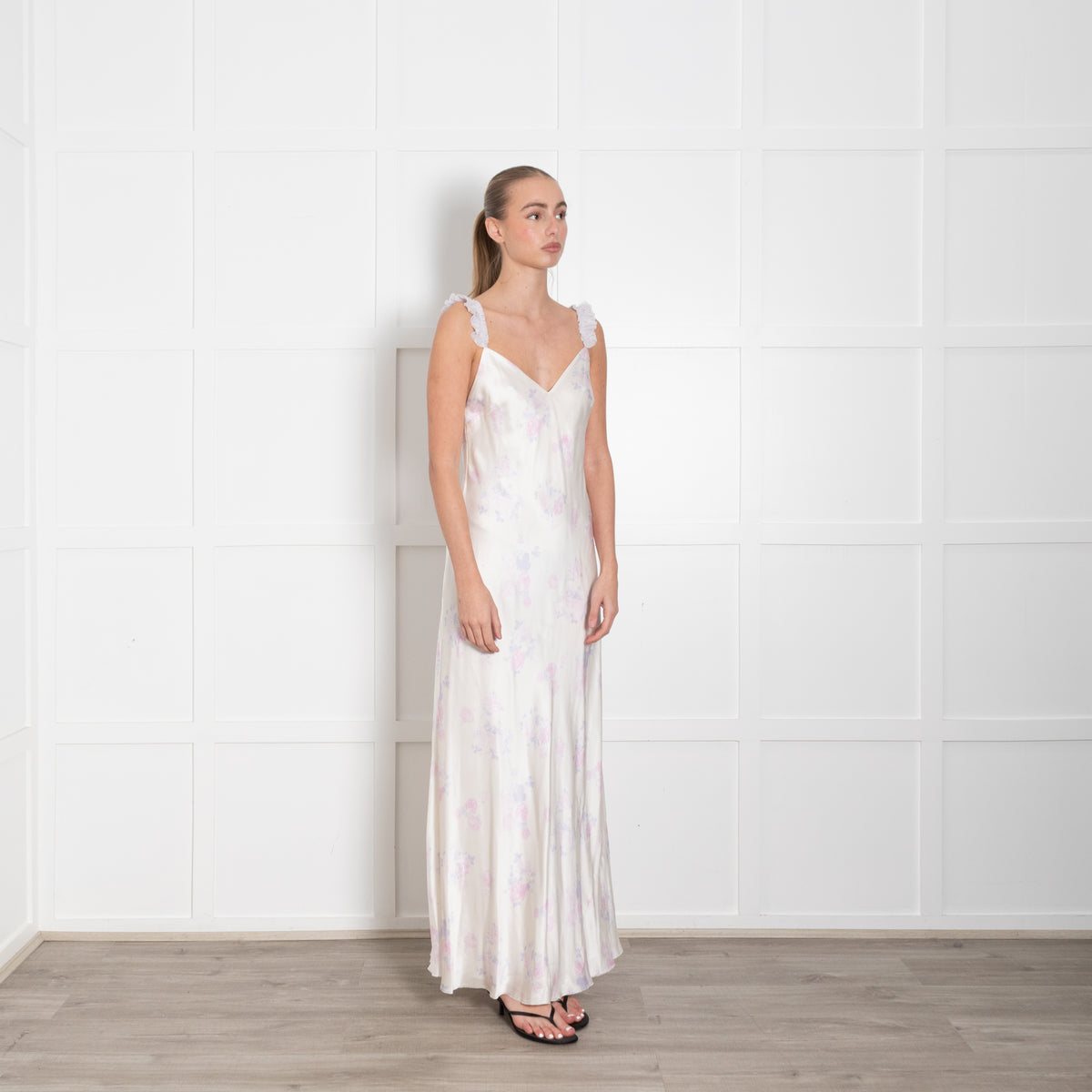 LoveShackFancy Cream Lilac Floral Frill Trim Sleeveless Slip Maxi Dress
