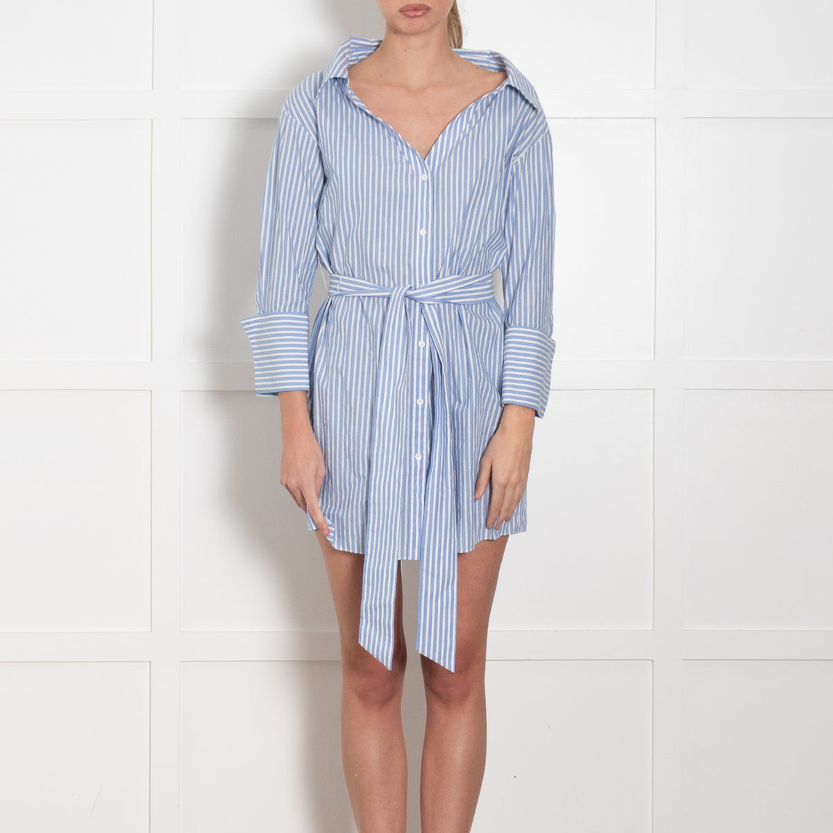 Alice + Olivia Blue White Striped Cotton Belted Mini Shirt Dress