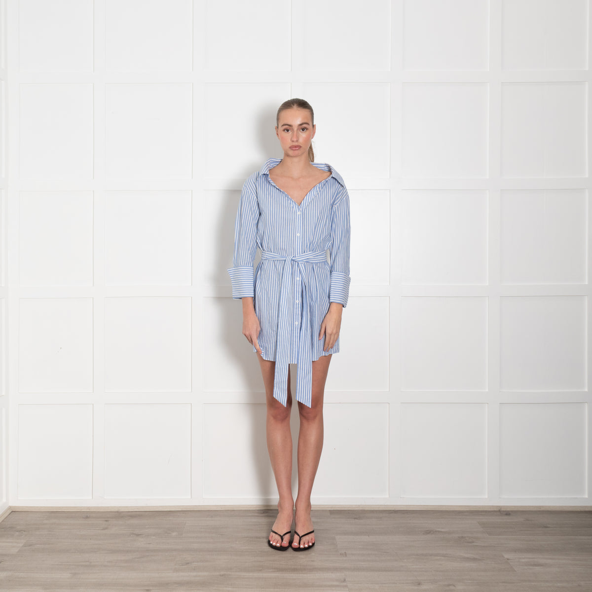 Alice + Olivia Blue White Striped Cotton Belted Mini Shirt Dress