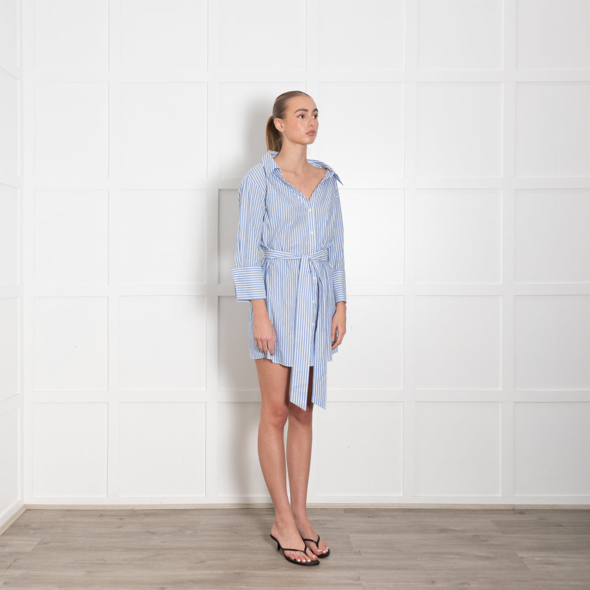 Alice + Olivia Blue White Striped Cotton Belted Mini Shirt Dress