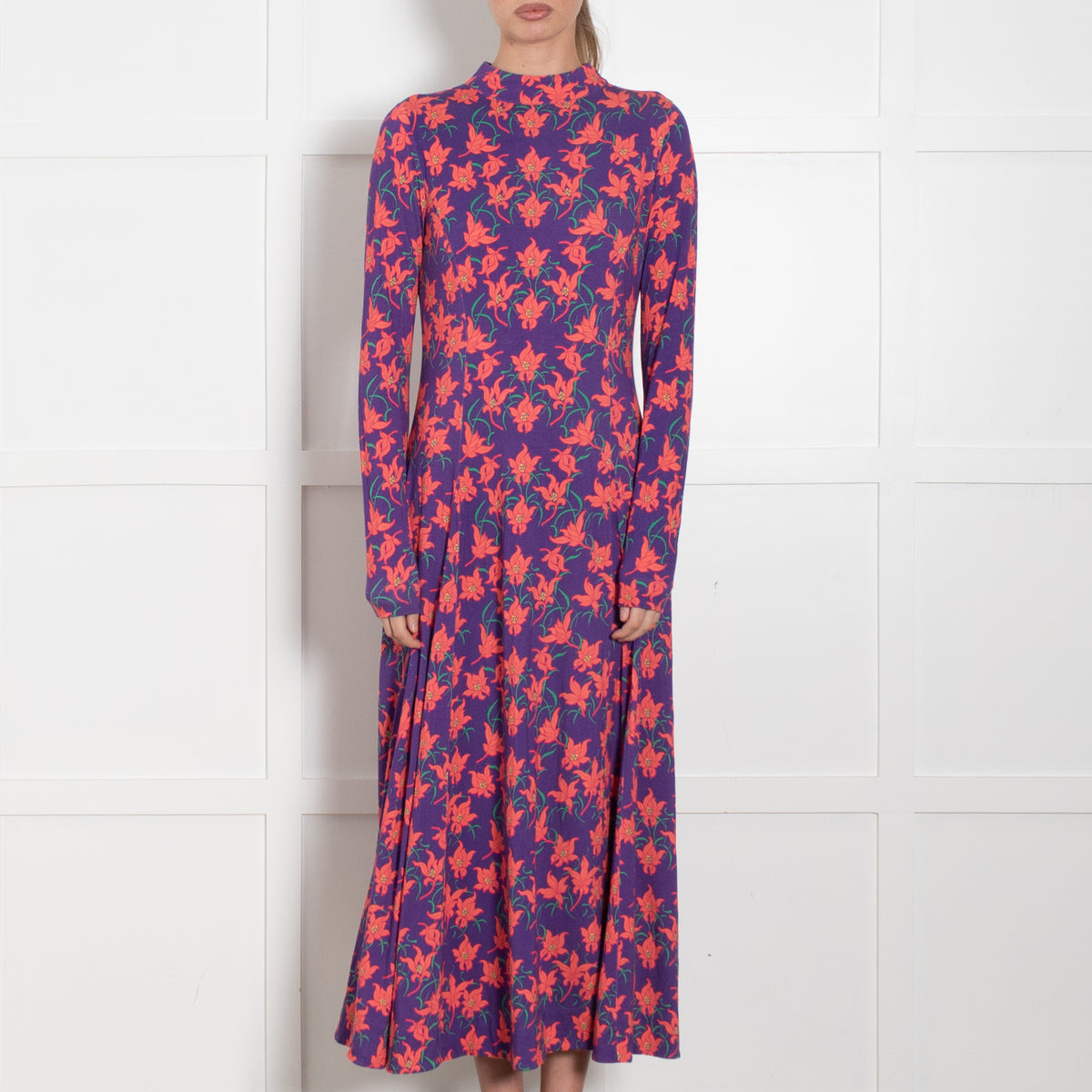 Me + Em Purple Orange Floral Jersey Maxi Dress