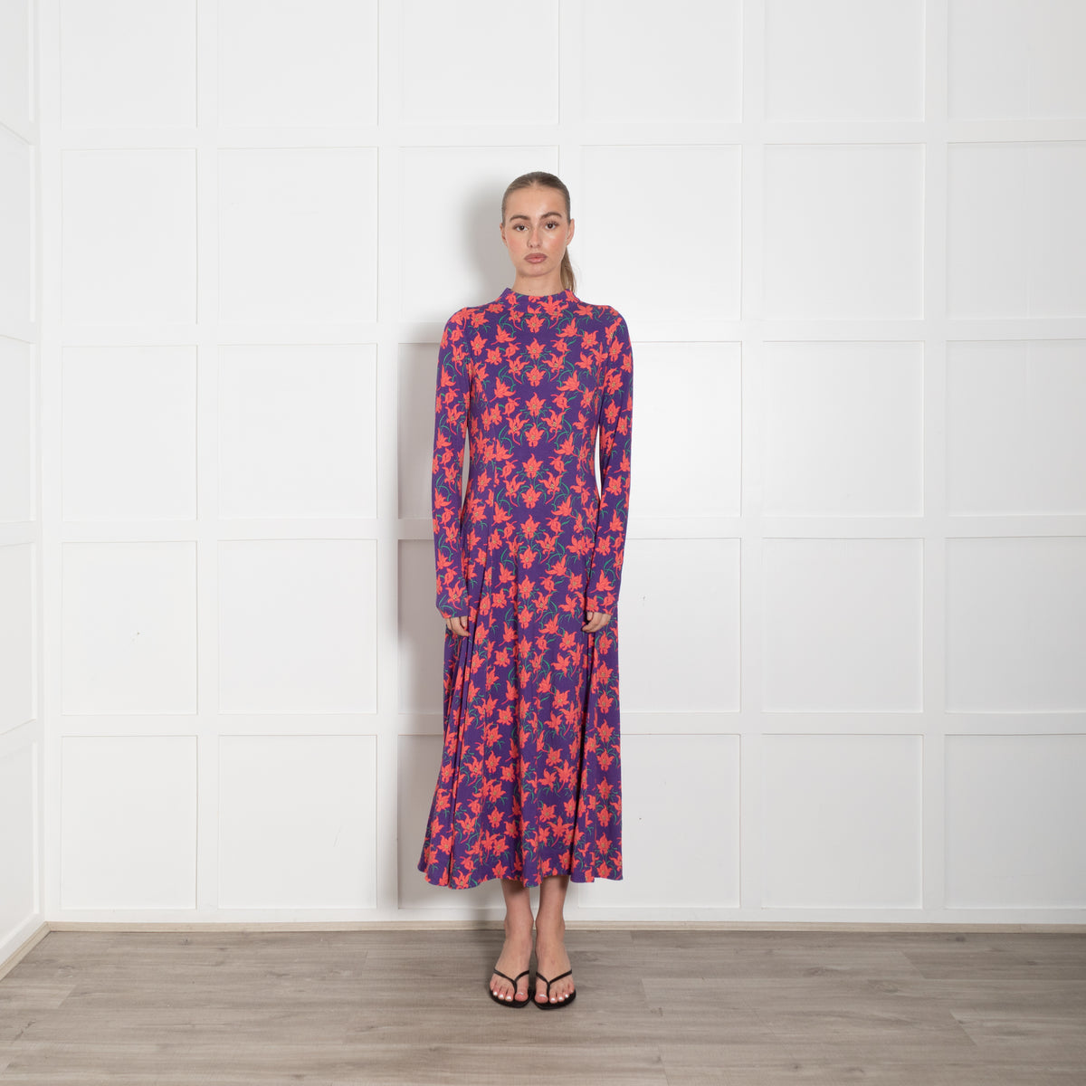 Me + Em Purple Orange Floral Jersey Maxi Dress