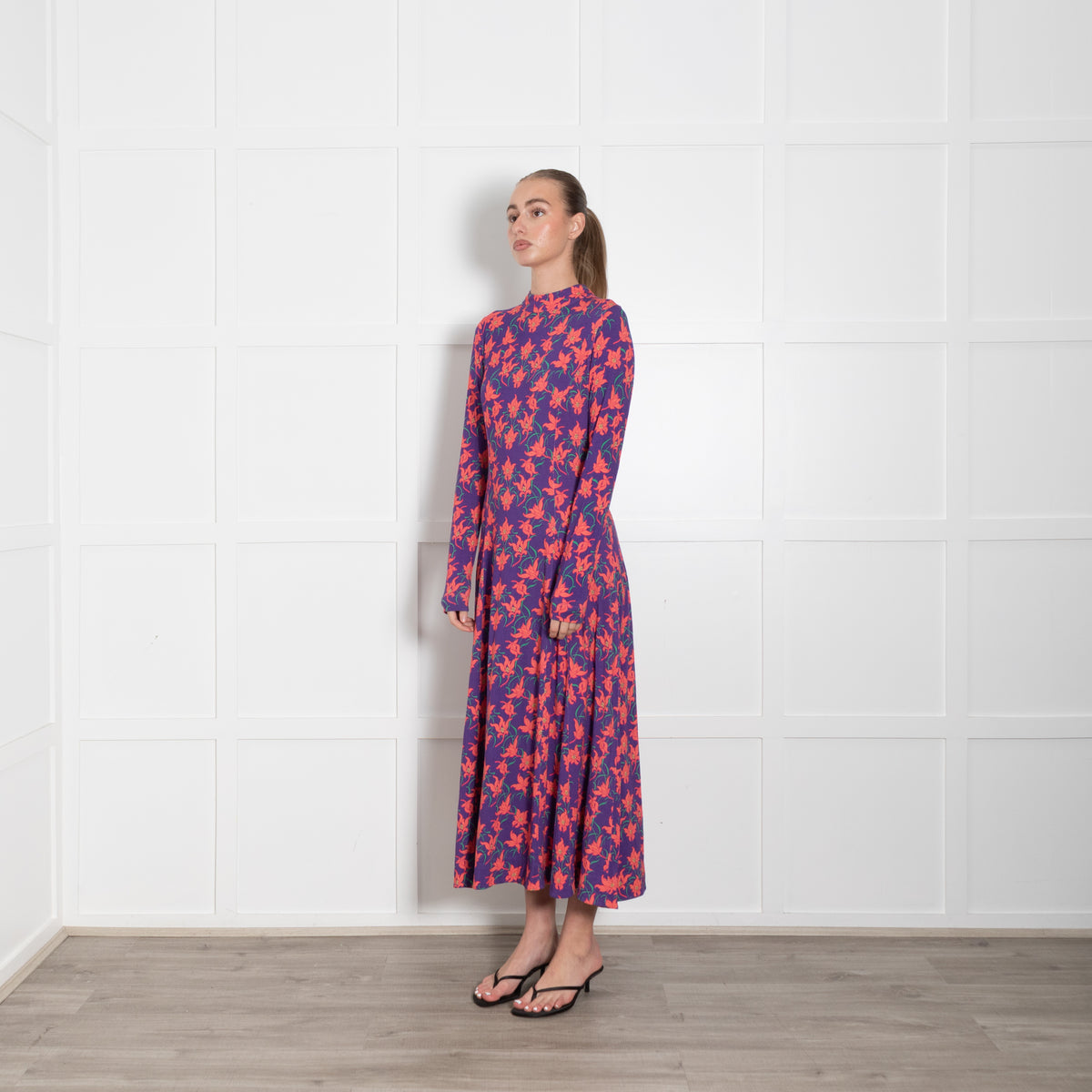 Me + Em Purple Orange Floral Jersey Maxi Dress