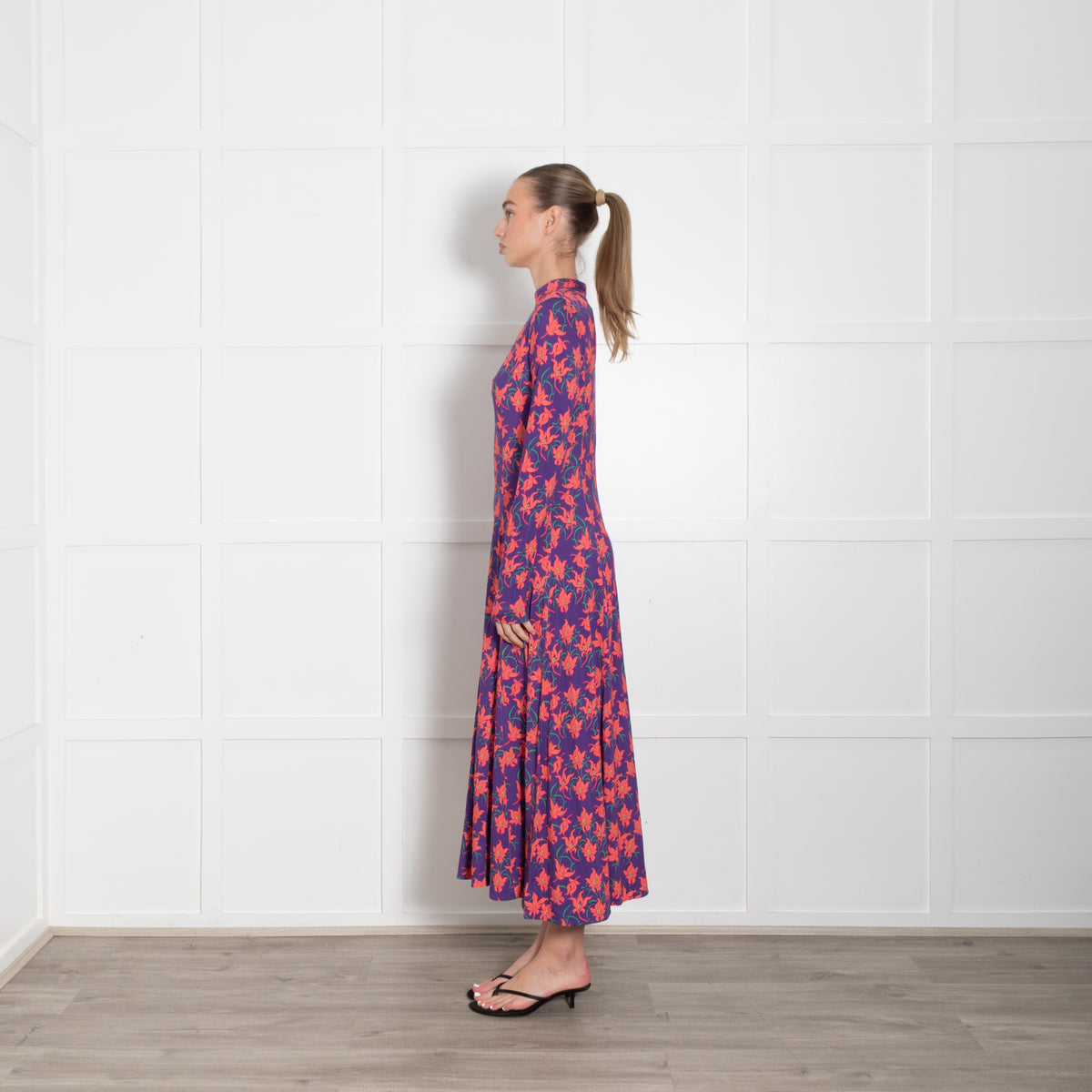 Me + Em Purple Orange Floral Jersey Maxi Dress