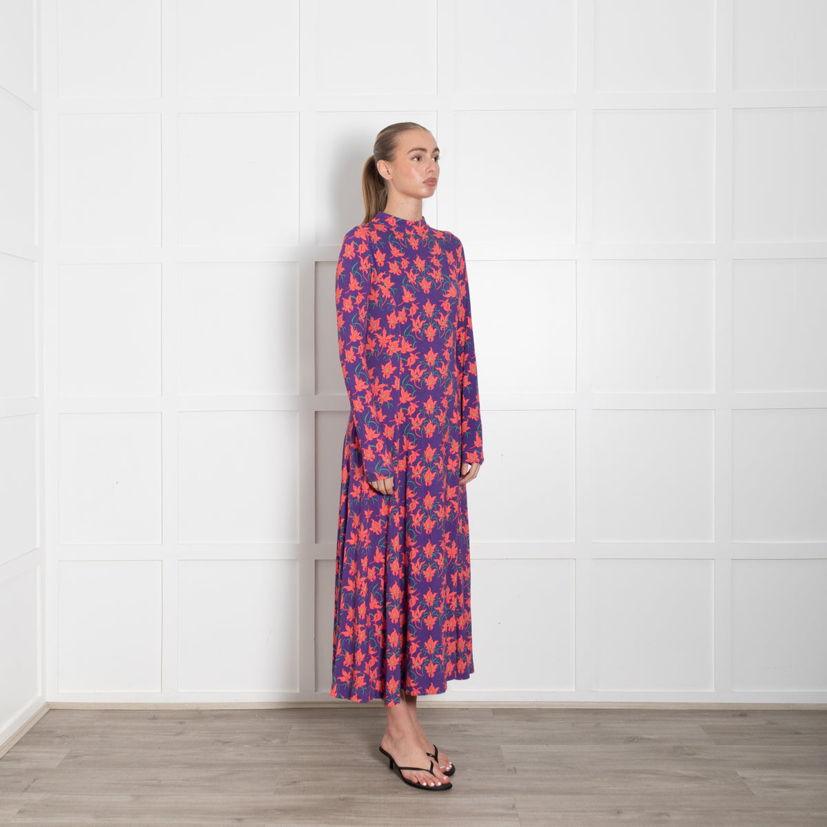 Me + Em Purple Orange Floral Jersey Maxi Dress