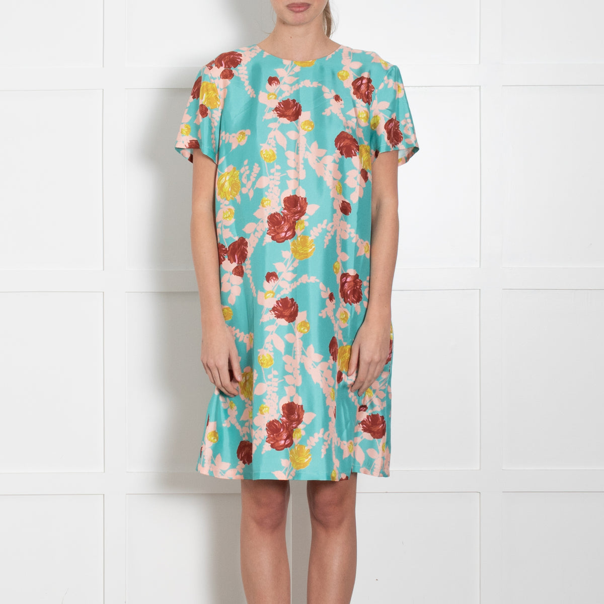 La Double J Turquoise Pink Floral Silk Mini Dress