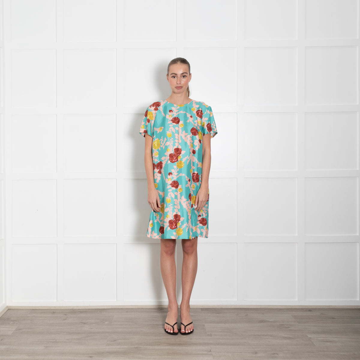 La Double J Turquoise Pink Floral Silk Mini Dress