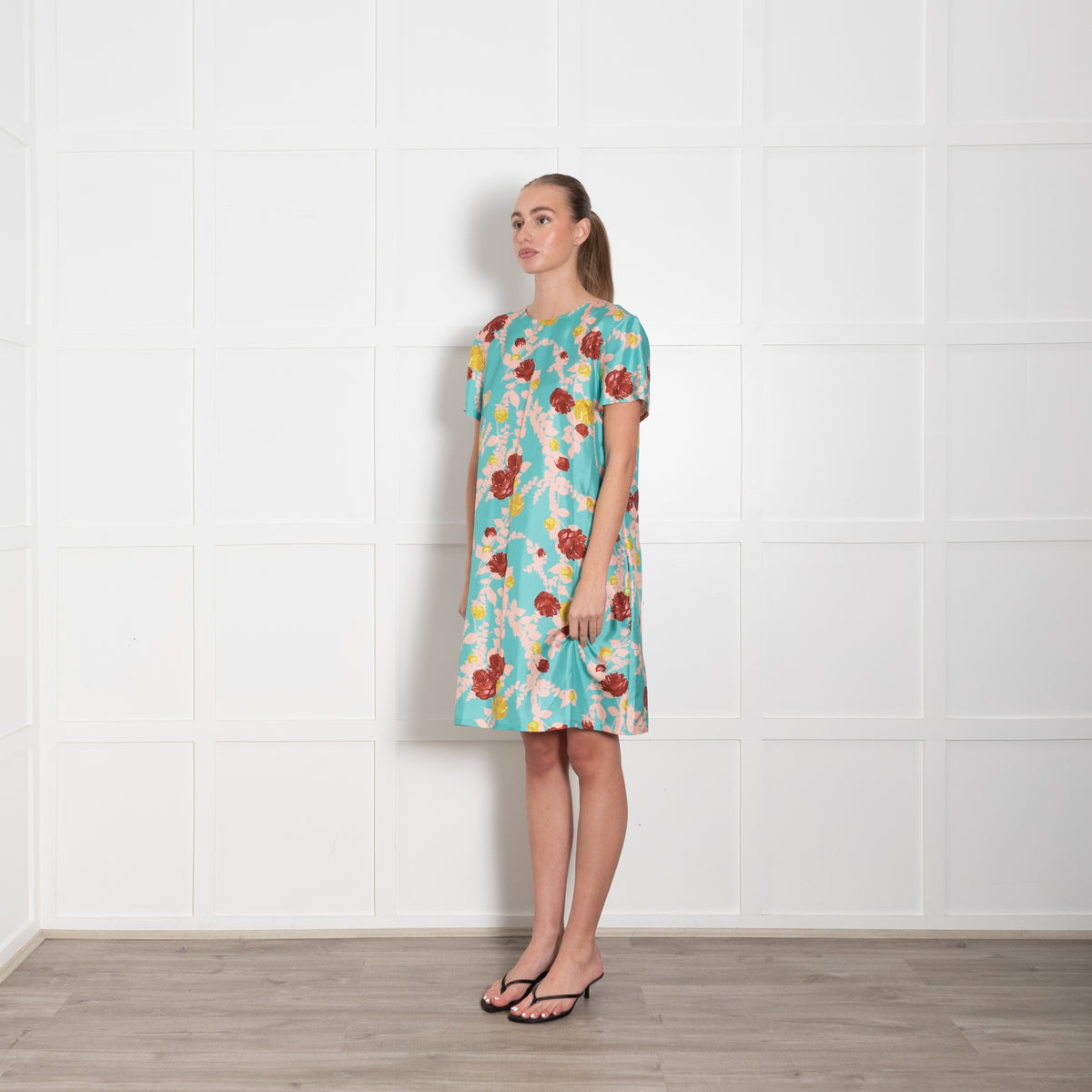 La Double J Turquoise Pink Floral Silk Mini Dress