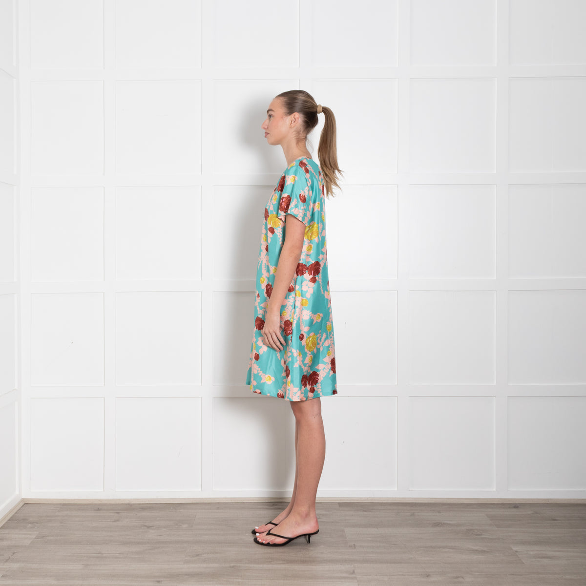 La Double J Turquoise Pink Floral Silk Mini Dress