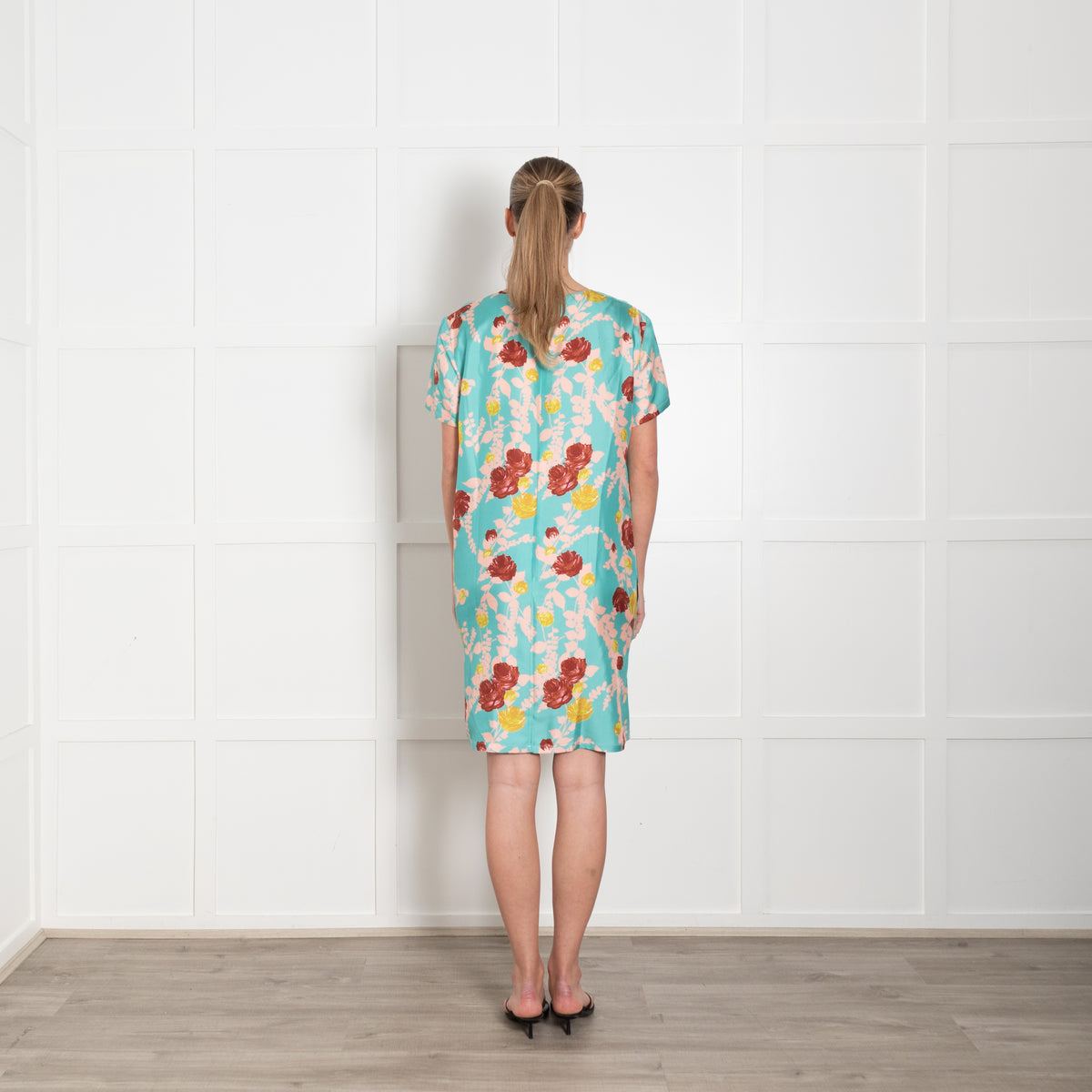 La Double J Turquoise Pink Floral Silk Mini Dress