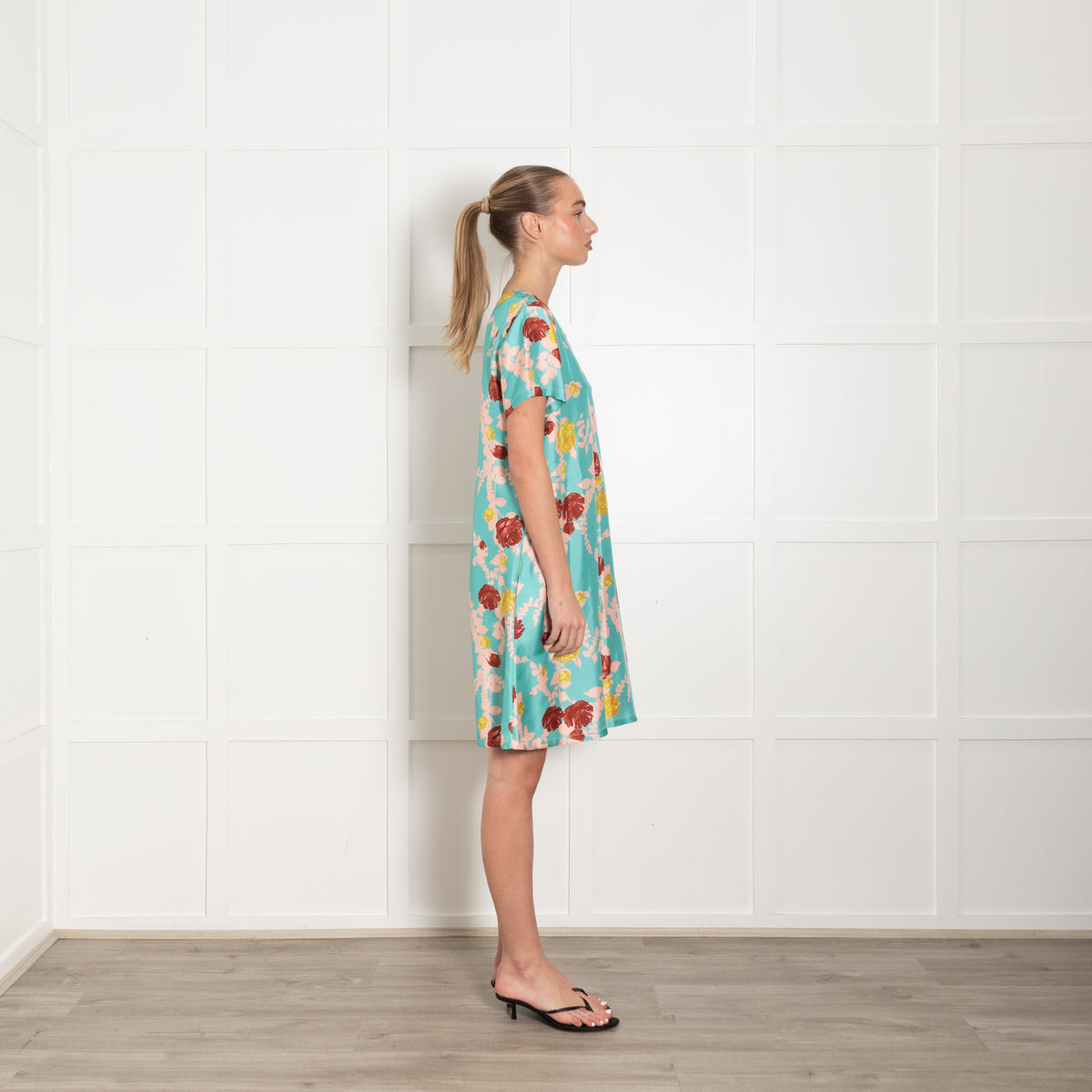 La Double J Turquoise Pink Floral Silk Mini Dress