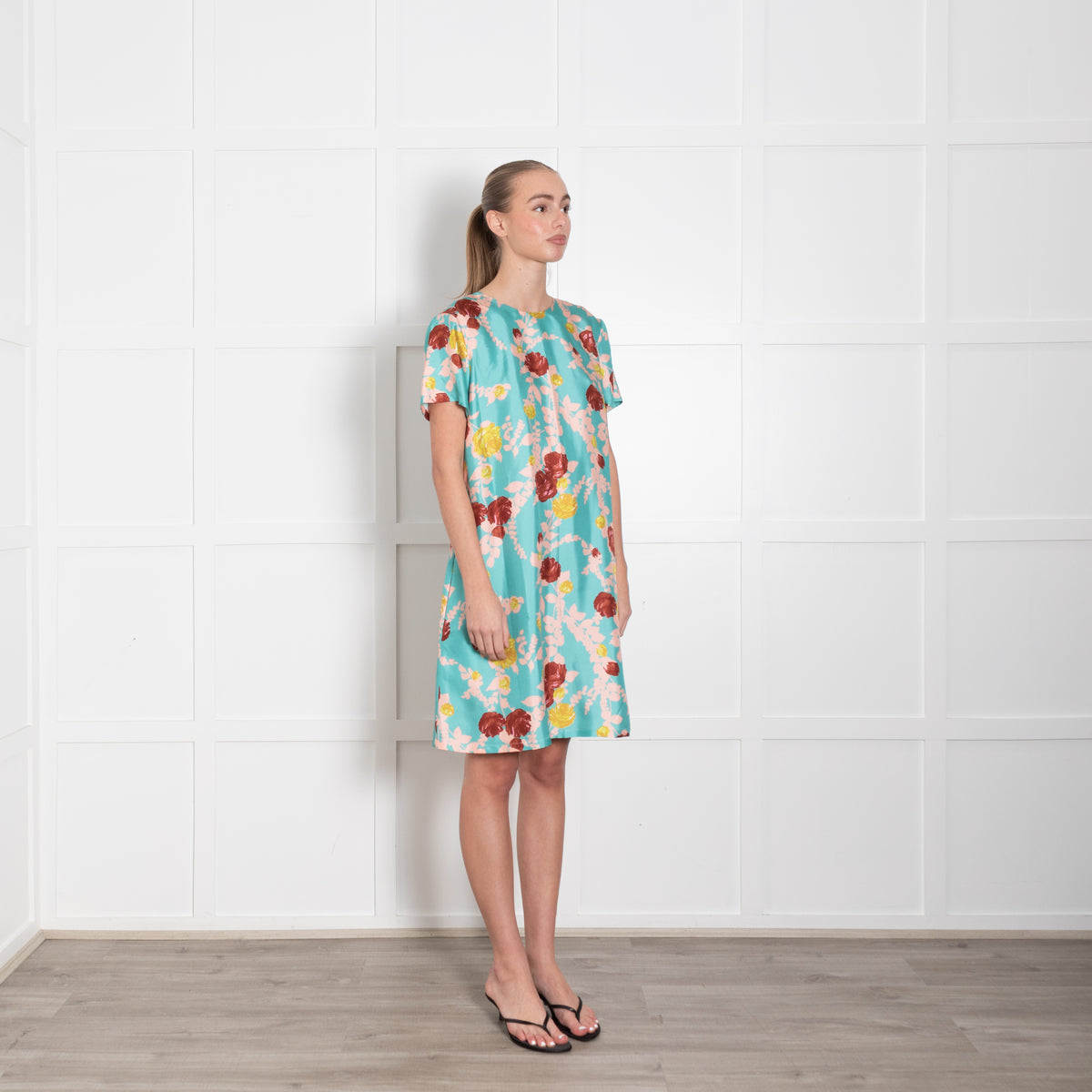 La Double J Turquoise Pink Floral Silk Mini Dress