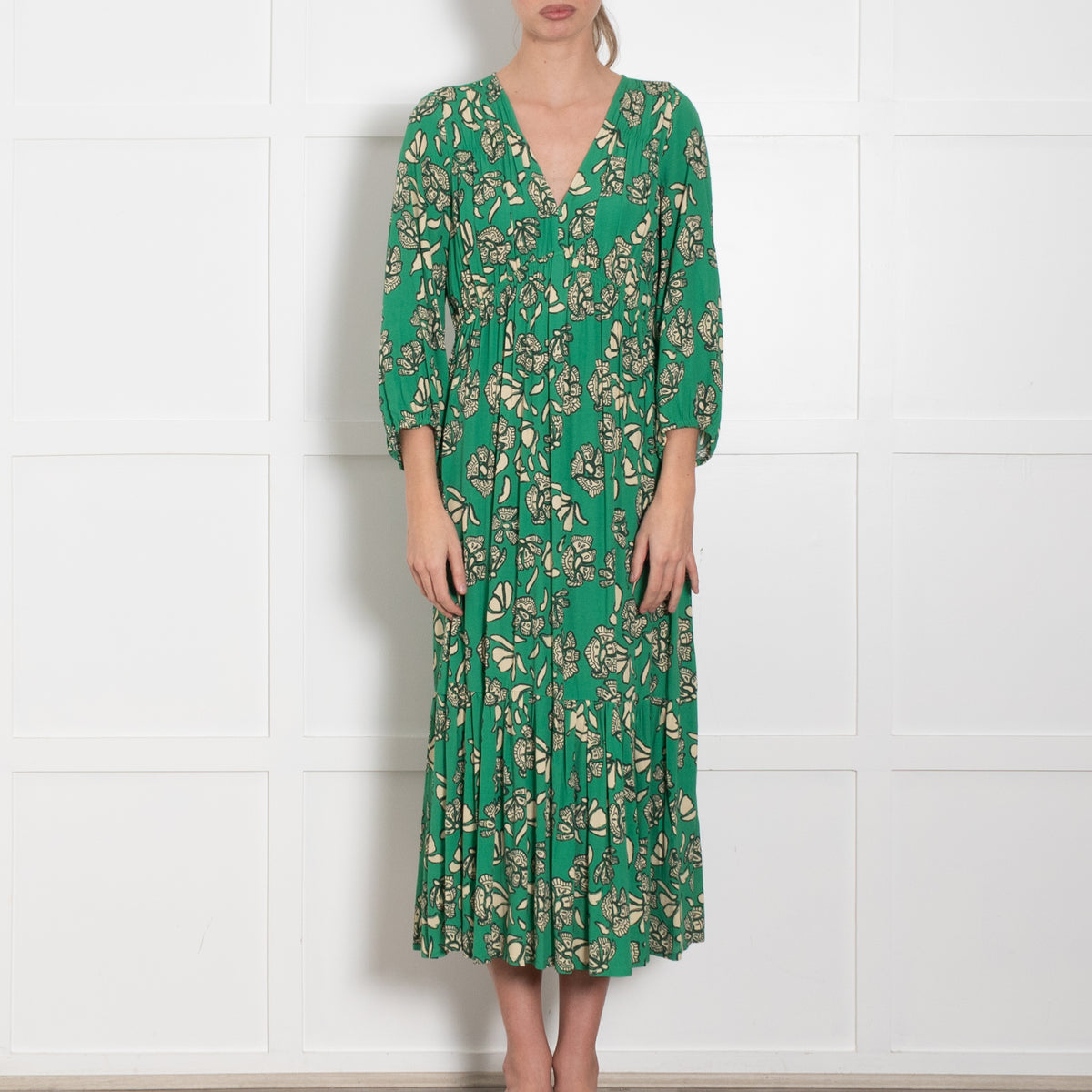 Ba & Sh Green Cream Floral Midi Dress