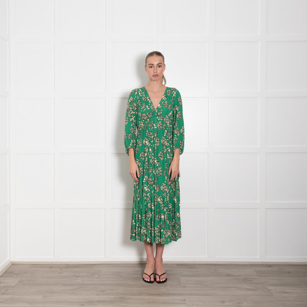 Ba & Sh Green Cream Floral Midi Dress