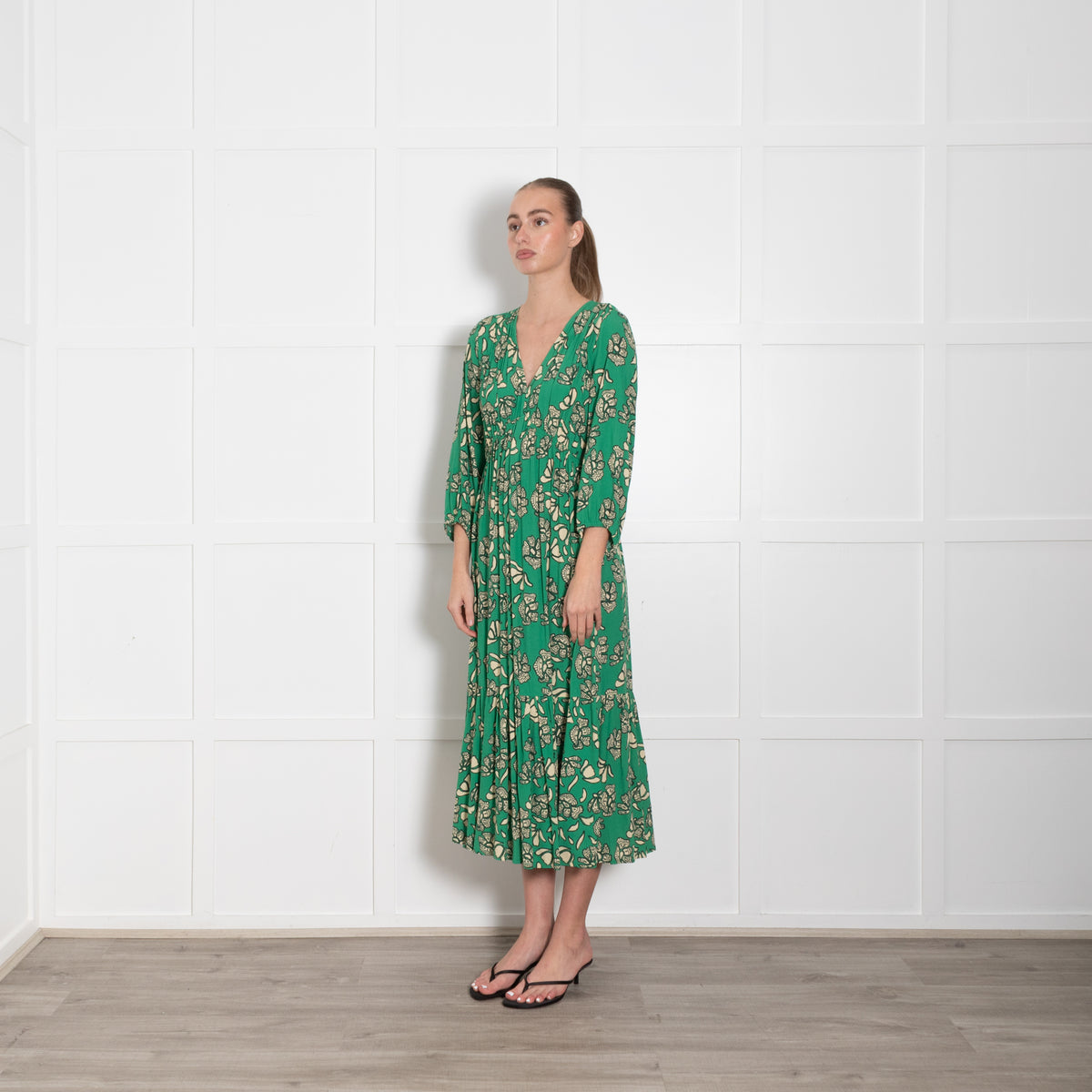 Ba & Sh Green Cream Floral Midi Dress