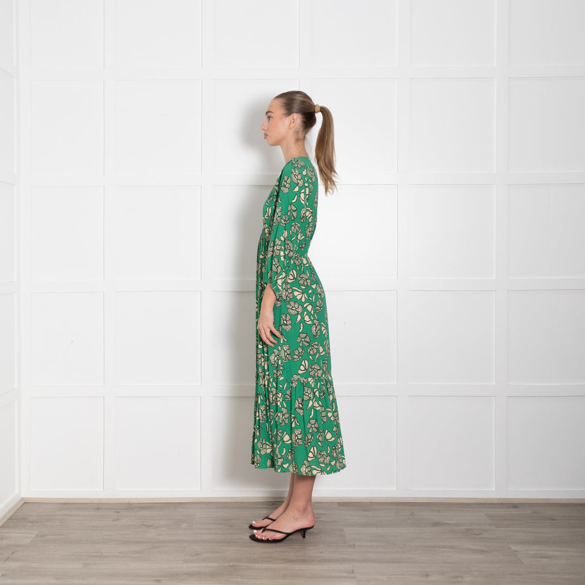Ba & Sh Green Cream Floral Midi Dress