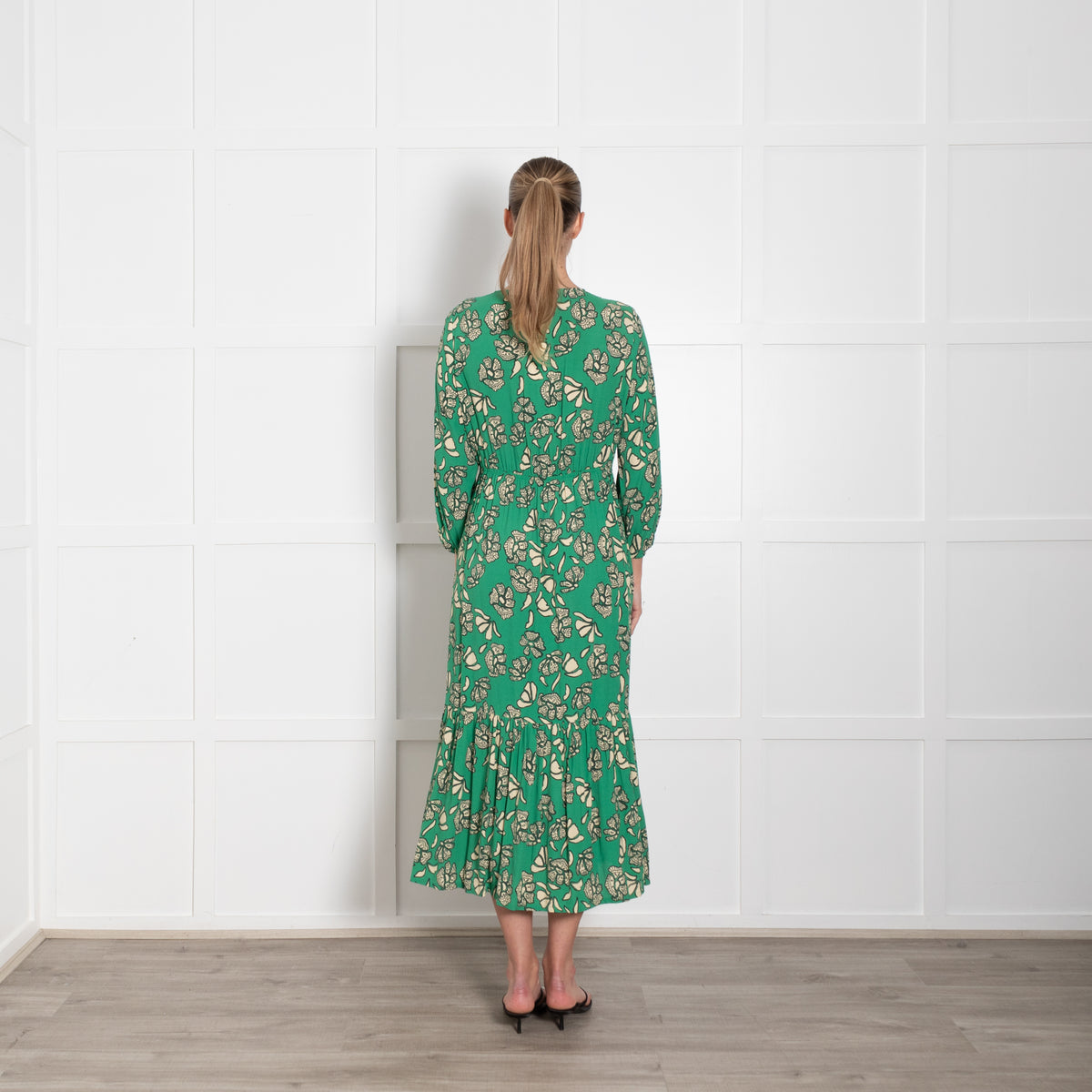 Ba & Sh Green Cream Floral Midi Dress