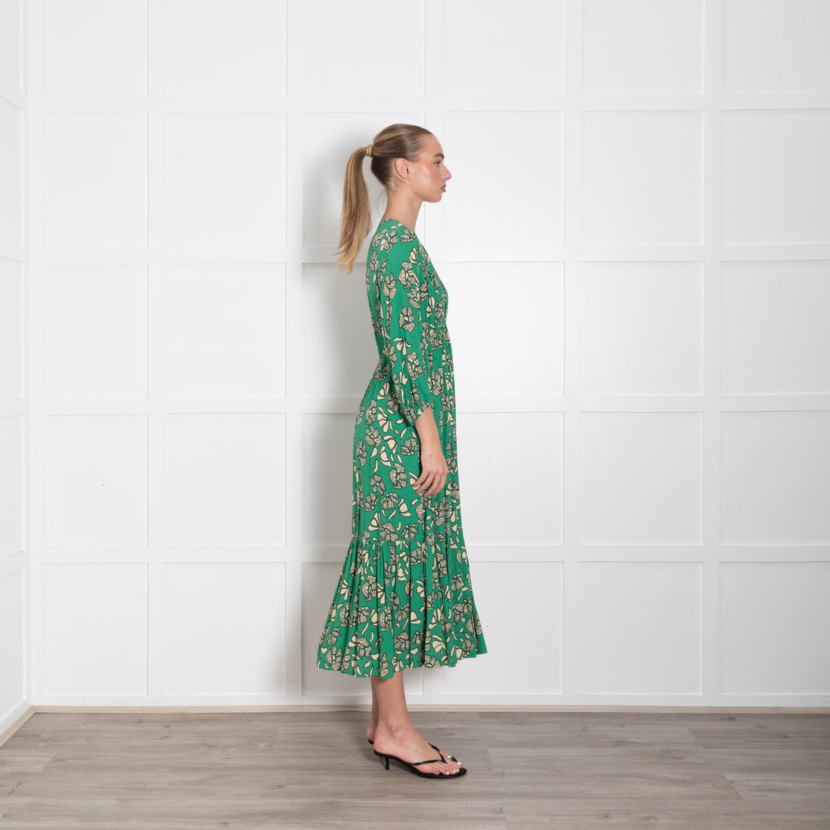Ba & Sh Green Cream Floral Midi Dress