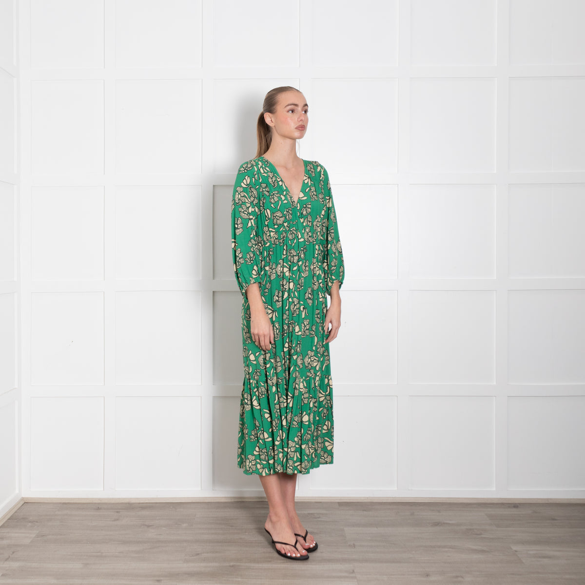 Ba & Sh Green Cream Floral Midi Dress